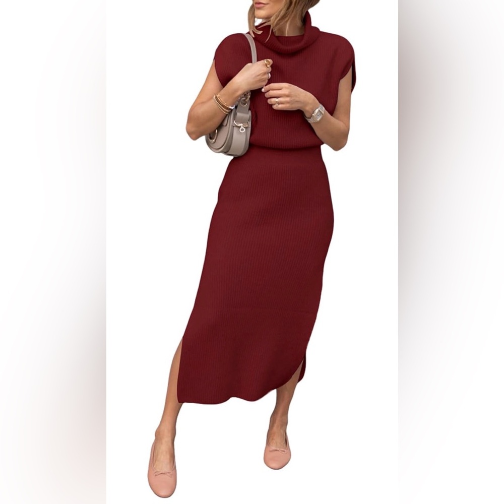 Sweater Dress Pullover Ribbed Knit Midi Dress with Side Slit Fall Winter Wear